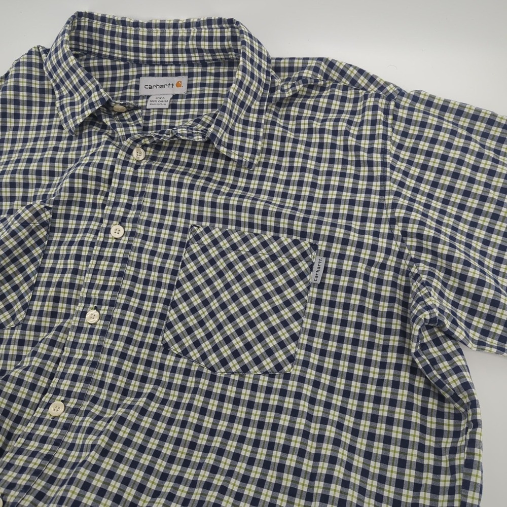 Carhartt Mens Shirt Blue White Plaid Button Up Chest Pockets Short Sleeve 2XL